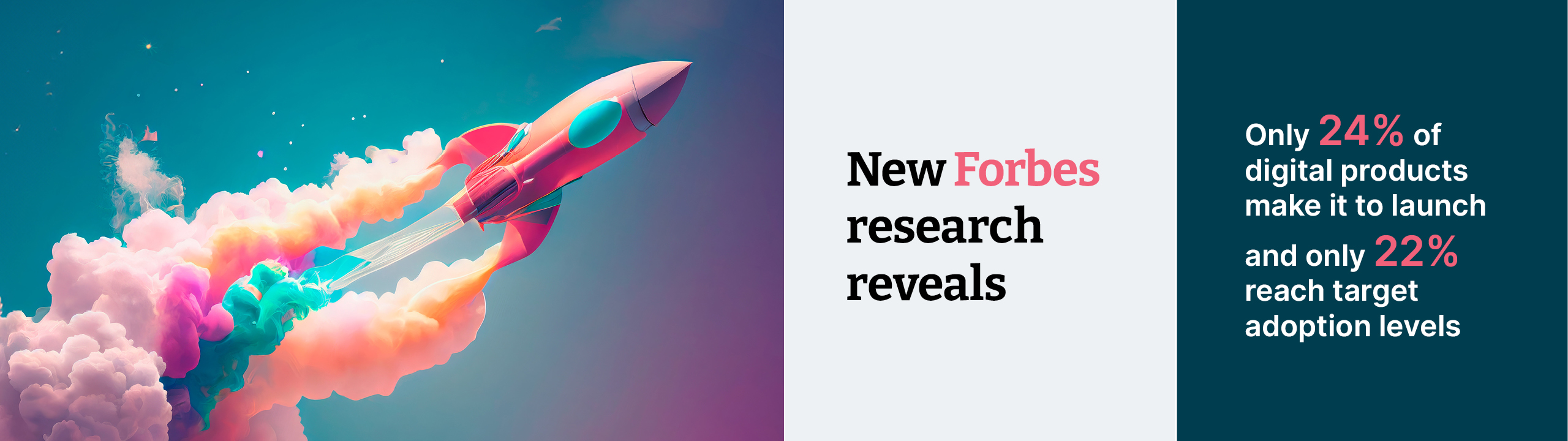 AI generated rocket launching. New Forbes Research reveals only 24% of digital products make it to launch and only 22% reach target adoption levels