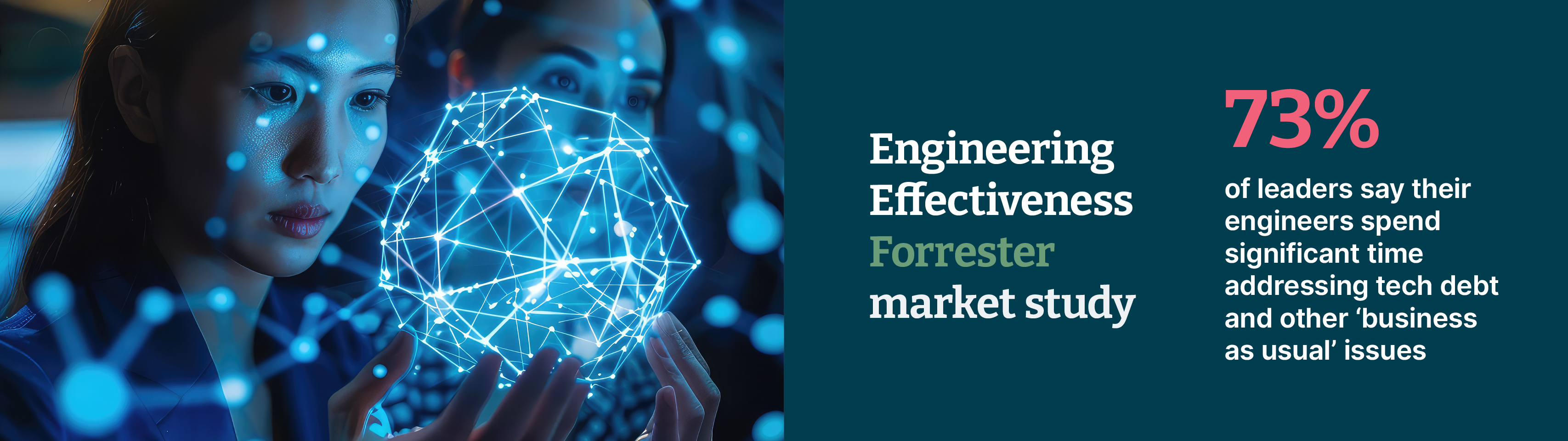 AI generated image of a person looking at glowing sphere of digital network and Engineering effectiveness study by Forrester market study says &3% of leaders say their engineers spend significant time addressing tech debt and other business as usual issues